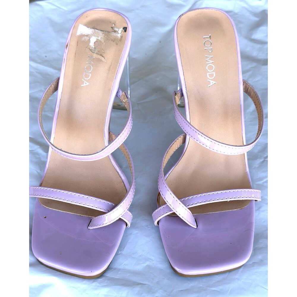 Womens 7 Lavender Patent Strappy Clear Lucite Heel Y2K Sandals Top Moda